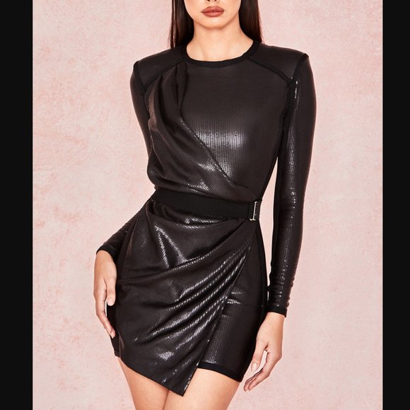 HOUSE OF CB Viktoria black matte sequin draped mini bodycon dress - Picture 16 of 16
